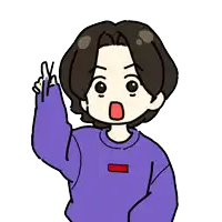 a cartoon drawing of a person wearing a purple sweater with a red patch on it