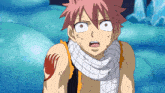 a fairy tail character with a scarf around his neck looks surprised