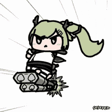 a cartoon of a girl with green hair and a ponytail sitting on a rocket