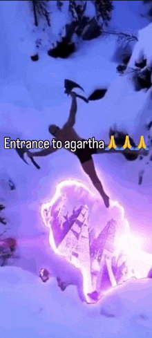 a man is flying through the air with the words entrance to agartha written below him