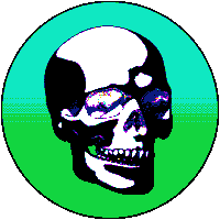 a black and white skull in a circle with a blue and green background