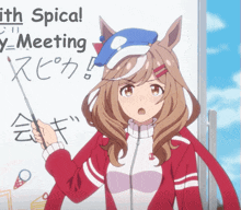 a girl in a red jacket stands in front of a white board that says spica