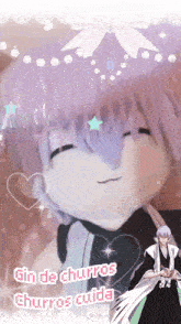 a picture of a girl with purple hair and the words gin de churros churros cuida on the bottom