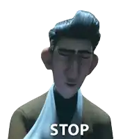 a man with a scarf around his neck has the word stop written below him