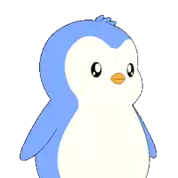 a blue and white penguin with a yellow beak is smiling and waving