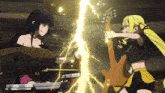 a girl is playing drums and another girl is holding a guitar with lightning coming out of it