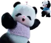 a panda bear wearing a pink scarf and a blue shirt