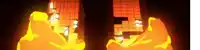 a video game is being played in a dark room with fire coming out of the blocks .