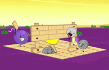 a group of cartoon characters are standing around a wooden block