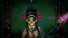 a cartoon drawing of a woman with a sword and a hat with the letter c on it
