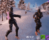 two soldiers are dancing in the snow in a video game called fortnite
