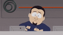 a cartoon character from south park is sitting at a desk in front of a computer