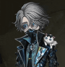 a man with glasses and a mask is holding a white cat on his shoulder