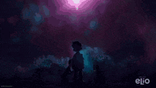 a silhouette of a person standing in front of a green light with elio written on the bottom right