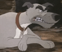 a cartoon dog with a collar is laying down on the ground with an angry look on his face .