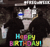 a sign that says happy birthday in front of a cake