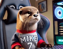 an otter wearing a mike 7 jersey sits at a computer