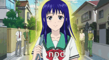 a girl with purple hair is wearing a shirt with the word npd on it