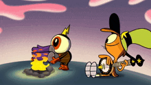 a cartoon character playing a banjo next to a fire