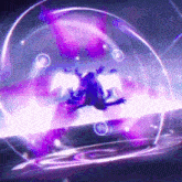 a frog is flying through a purple and pink sphere