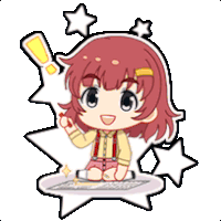 a cartoon girl with red hair is sitting on a table with a speech bubble and stars around her .