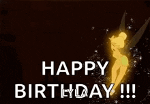 a happy birthday greeting card with tinkerbell from tinkerbell flying through the air .