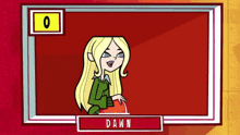 a cartoon girl is standing in front of a red board with the name dawn written on it .