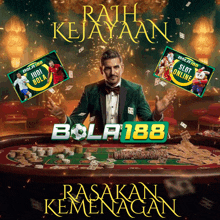 a man in a tuxedo sits at a table with a sign that says bola 188 on it