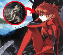a girl in a red suit sits next to a picture of a wolf with an arrow pointing to it