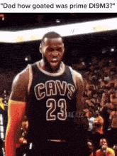 a basketball player wearing a cavs 23 jersey stands in front of a crowd