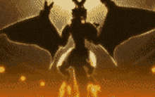 a pixel art of a demon with wings and horns surrounded by fire