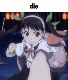 a girl with pigtails and a backpack is taking a picture of herself with the word die above her .