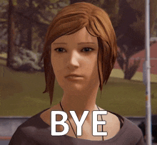 a video game character is saying bye in front of trees