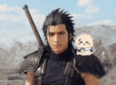 a man holding a sword with a cartoon character on his shoulder
