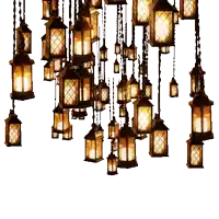 a bunch of lanterns are hanging from the ceiling with a white background