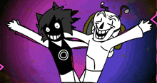 a black and white cartoon character with a circle on his chest is standing next to a white cartoon character with his arms outstretched