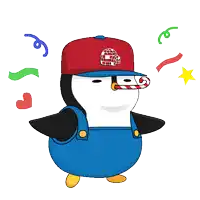a cartoon penguin wearing overalls and a red hat