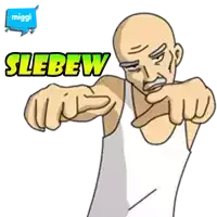 a cartoon of a bald man pointing at the camera with the word slebew above him