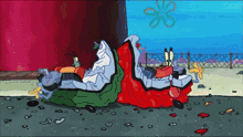 a cartoon of a crab laying on the ground next to a garbage can