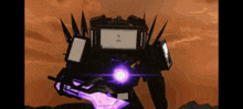 a robot with a purple sword and a smiley face on its face