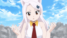 a girl with white hair and a cat ear