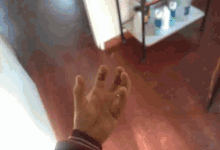 a person 's hand is reaching out towards the camera in a room