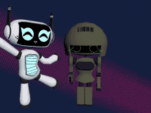 two cartoon robots are standing next to each other on a blue background