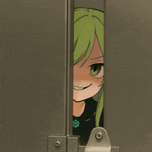 a girl with green hair is peeking out of a locker