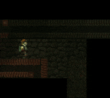 a video game scene with a man holding a torch in a dark room