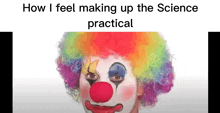a clown with a rainbow wig and a red nose is making a funny face .