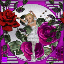 a girl in a white dress is dancing in front of purple flowers