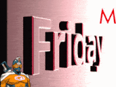 a cartoon character is standing in front of a sign that says friday