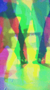 a colorful painting of a person 's feet with a bottle in the background