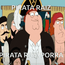 peter griffin from family guy is standing in front of a group of pirates and a parrot